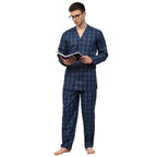 Jainish Men's Navy Blue Checked Night Suits ( GNS 001Navy ) | Grocsy