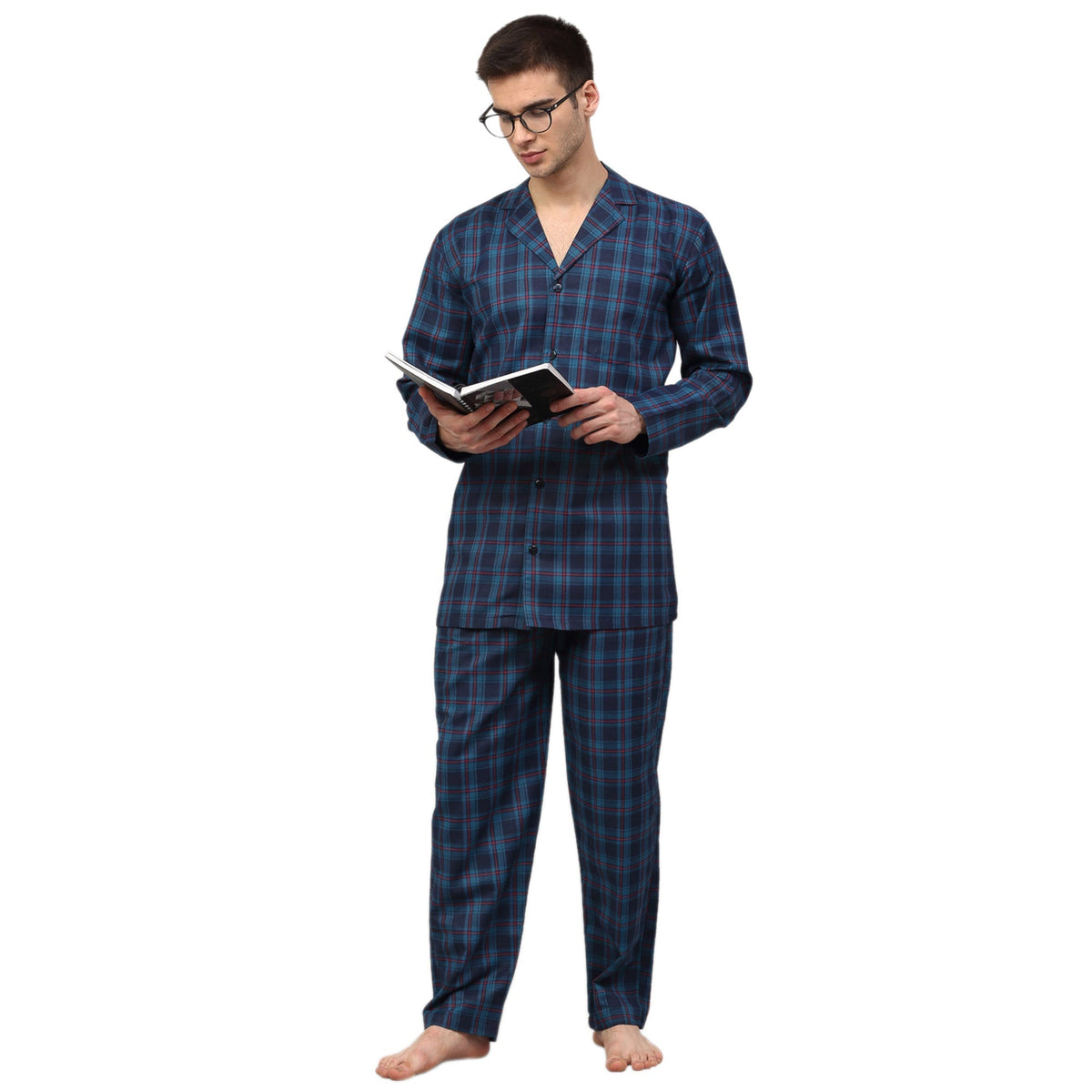 Jainish Men's Navy Blue Checked Night Suits ( GNS 001Navy ) | Grocsy
