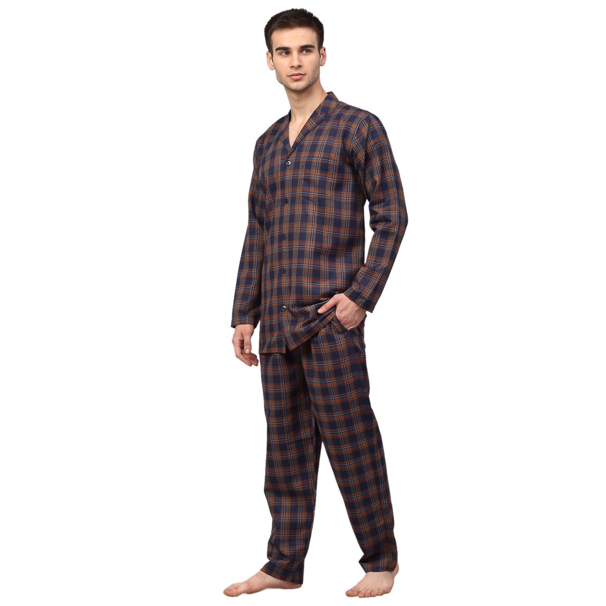 Jainish Men's Orange Checked Night Suits ( GNS 001Orange-Blue ) | Grocsy