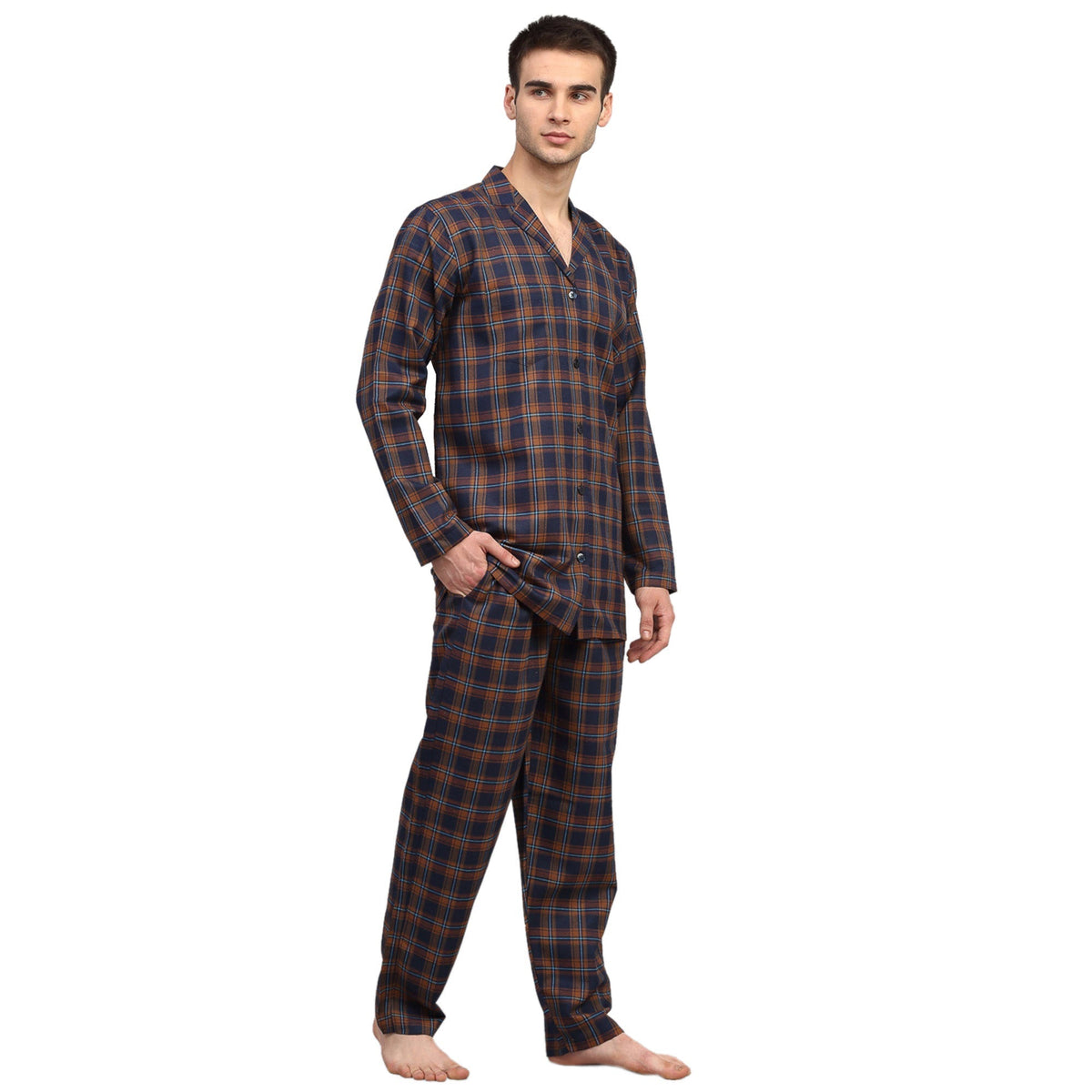 Jainish Men's Orange Checked Night Suits ( GNS 001Orange-Blue ) | Grocsy
