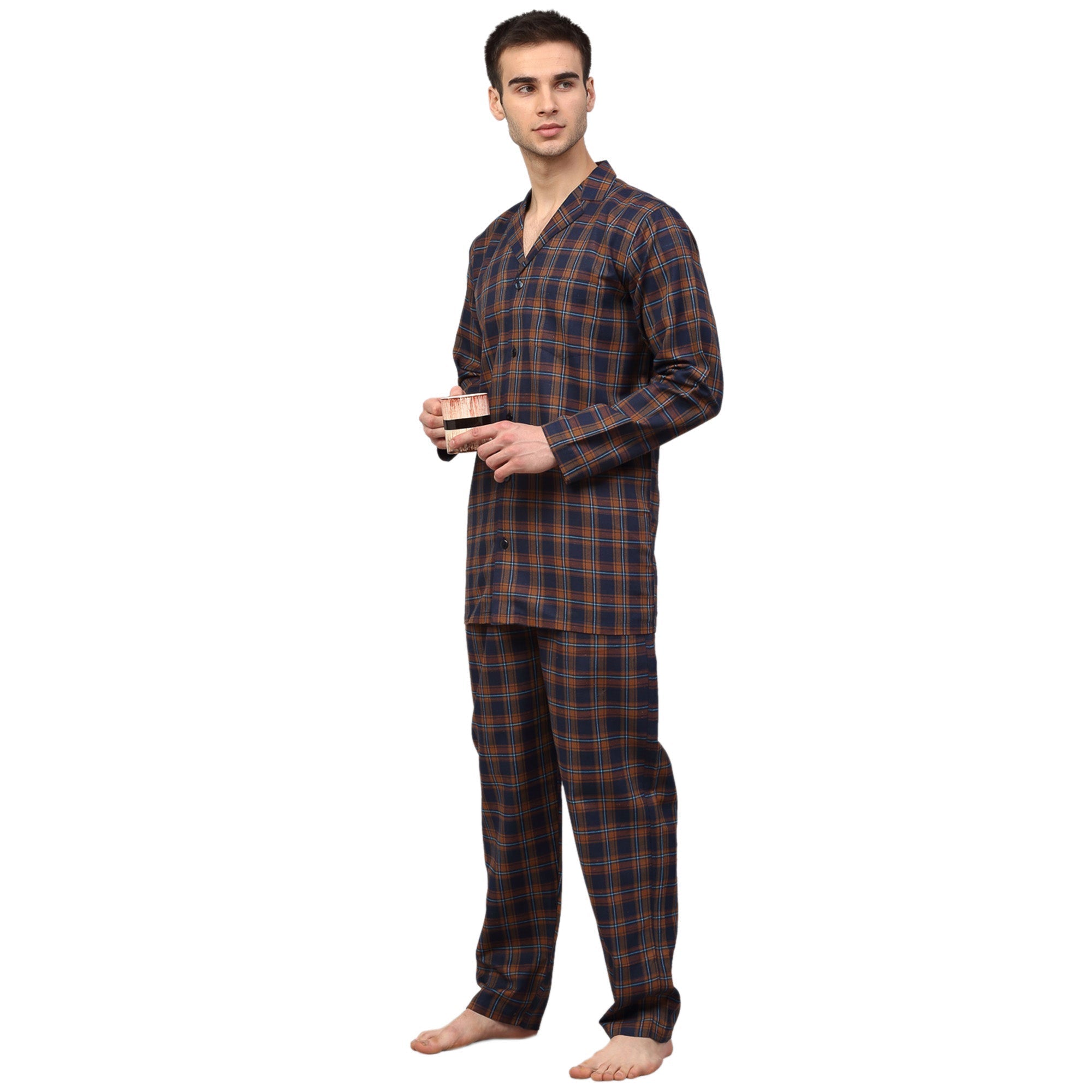 Jainish Men's Orange Checked Night Suits ( GNS 001Orange-Blue ) | Grocsy
