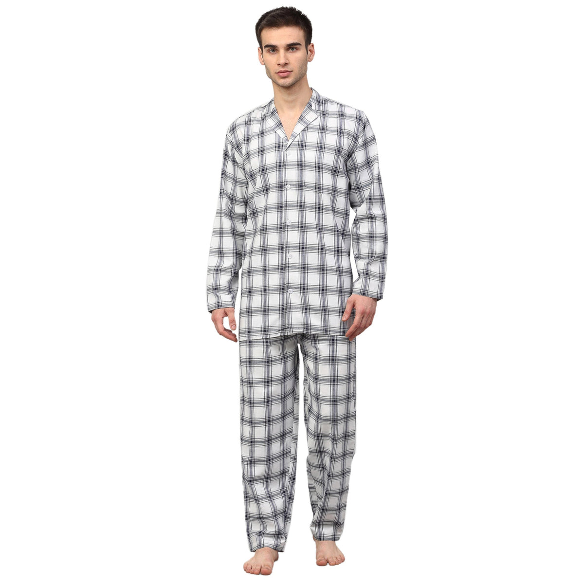 Jainish Men's White Checked Night Suits ( GNS 001White ) | Grocsy