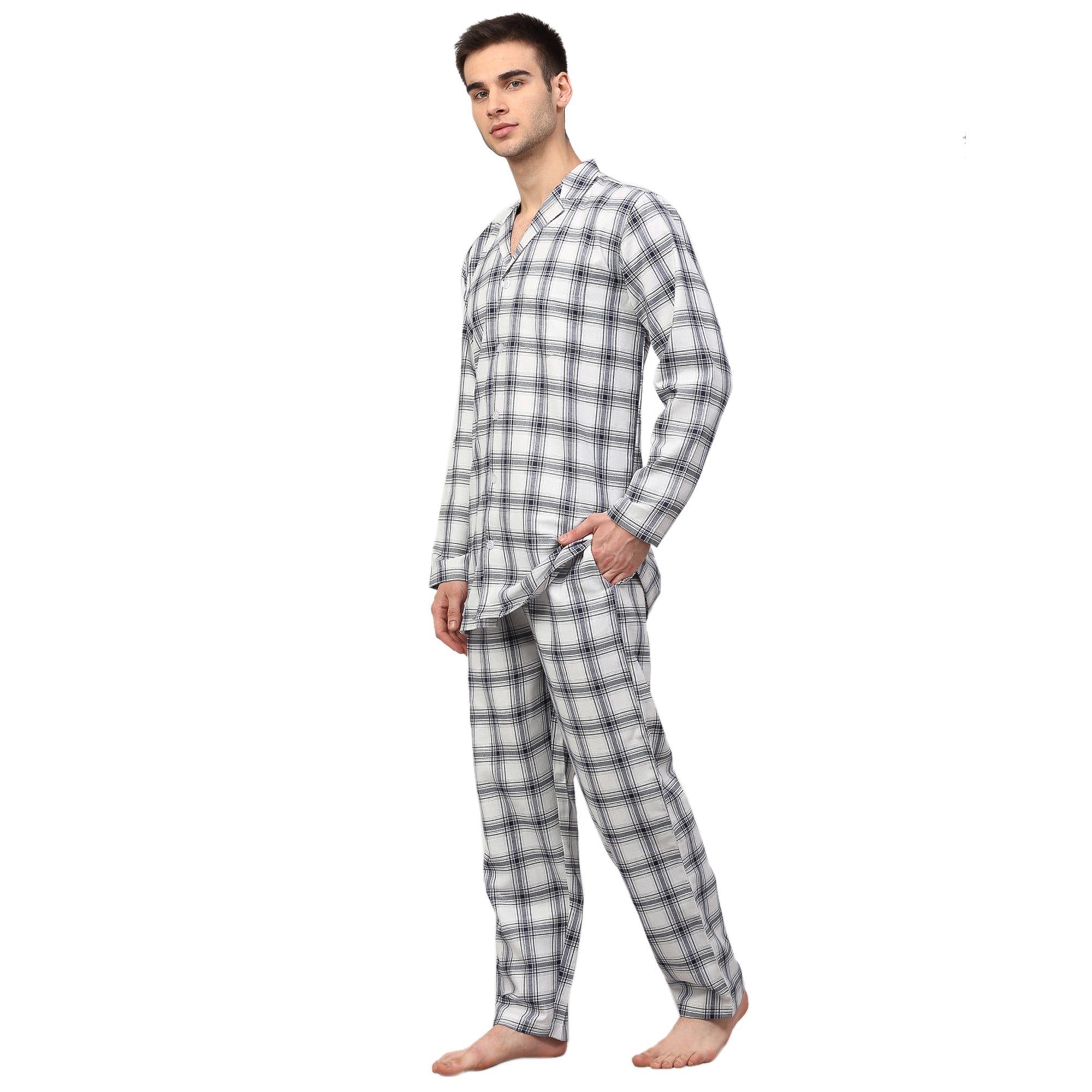Jainish Men's White Checked Night Suits ( GNS 001White ) | Grocsy