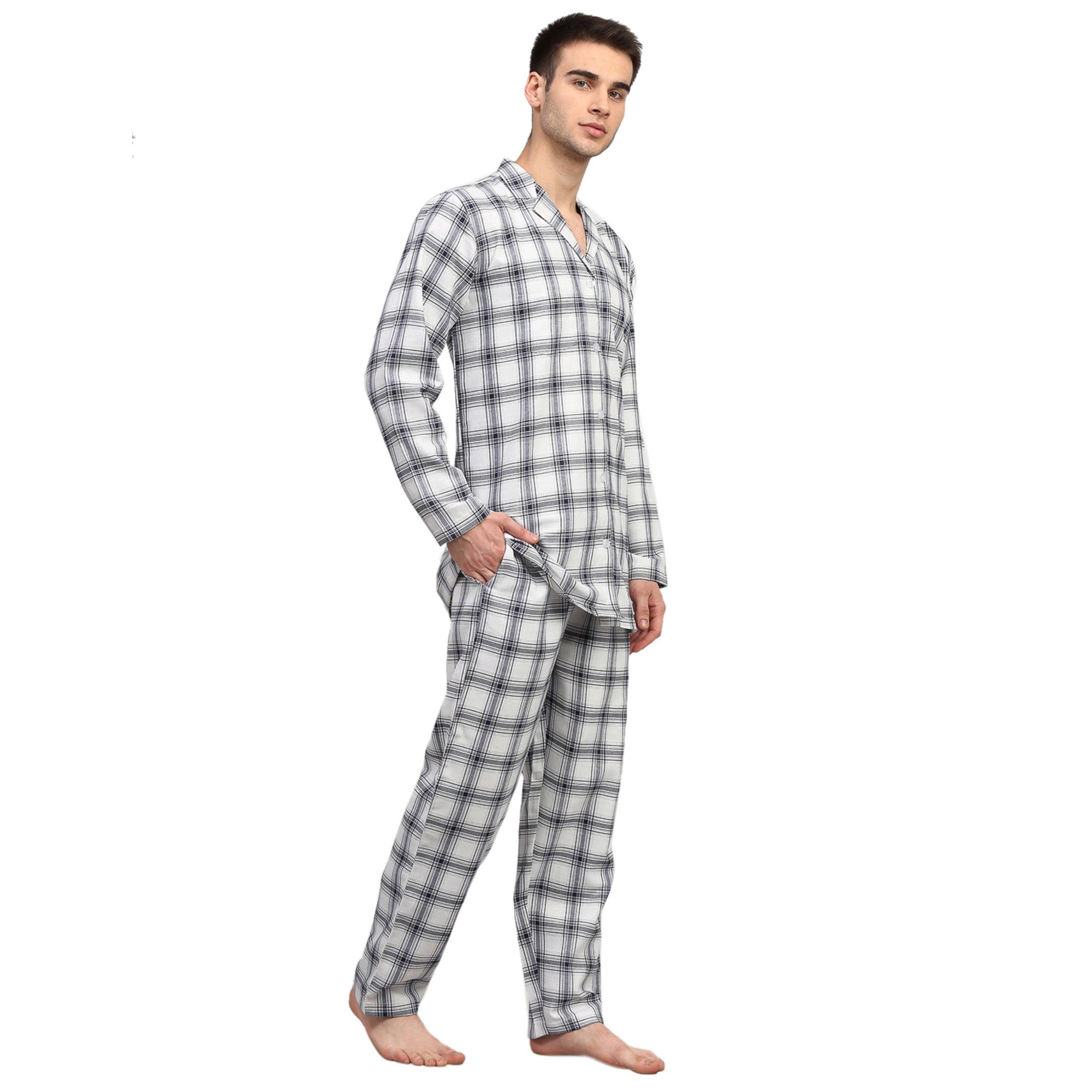 Jainish Men's White Checked Night Suits ( GNS 001White ) | Grocsy