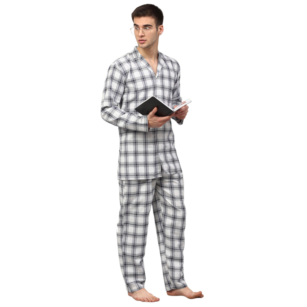 Jainish Men's White Checked Night Suits ( GNS 001White ) | Grocsy