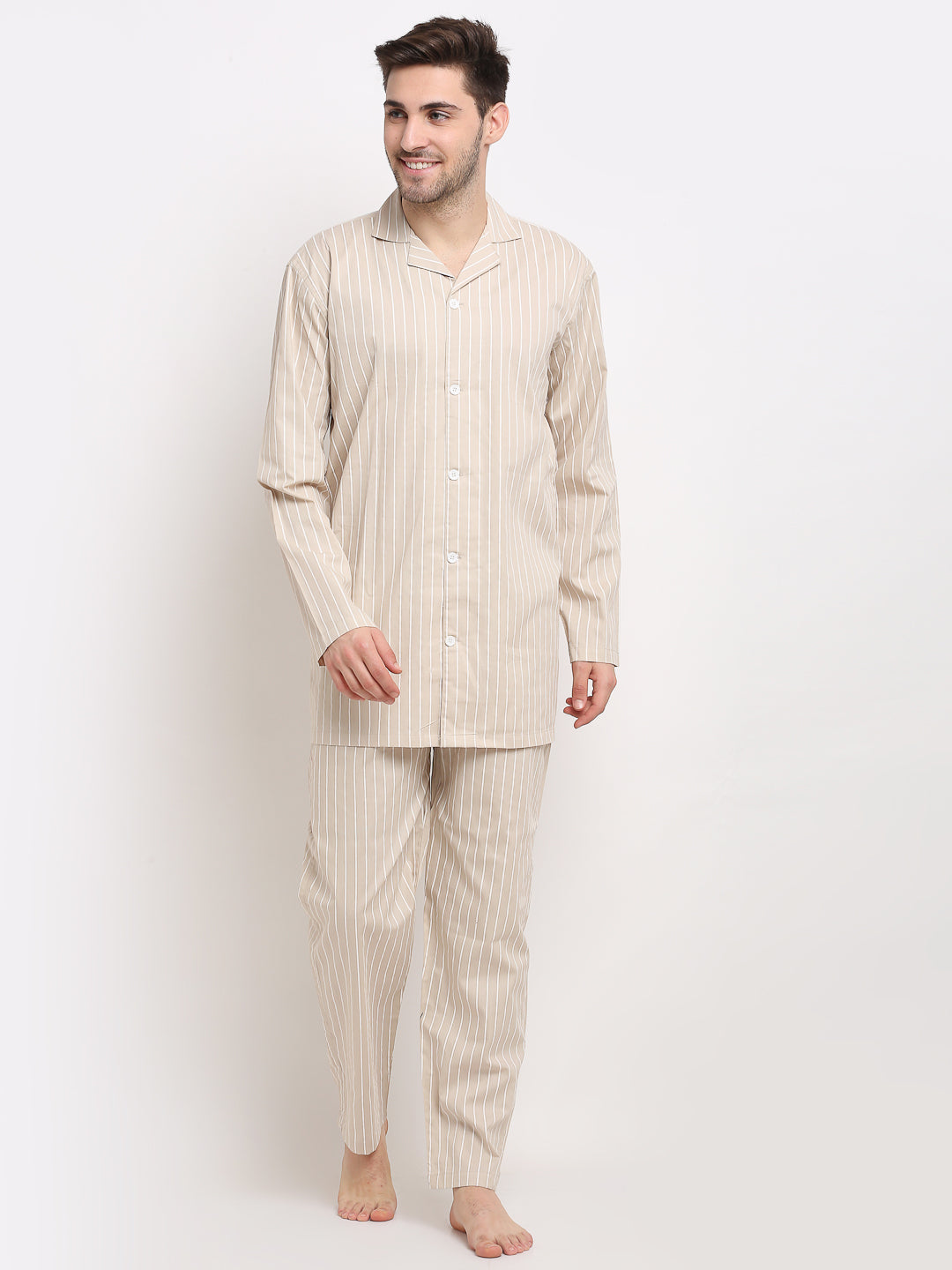 Jainish Men's Cream Cotton Striped Night Suits ( GNS 002Cream ) | Grocsy