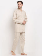 Jainish Men's Cream Cotton Striped Night Suits ( GNS 002Cream ) | Grocsy