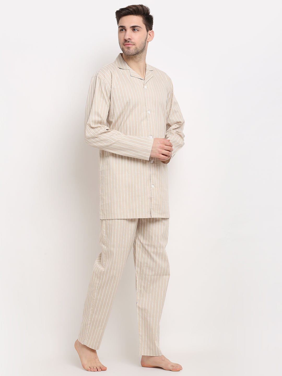 Jainish Men's Cream Cotton Striped Night Suits ( GNS 002Cream ) | Grocsy