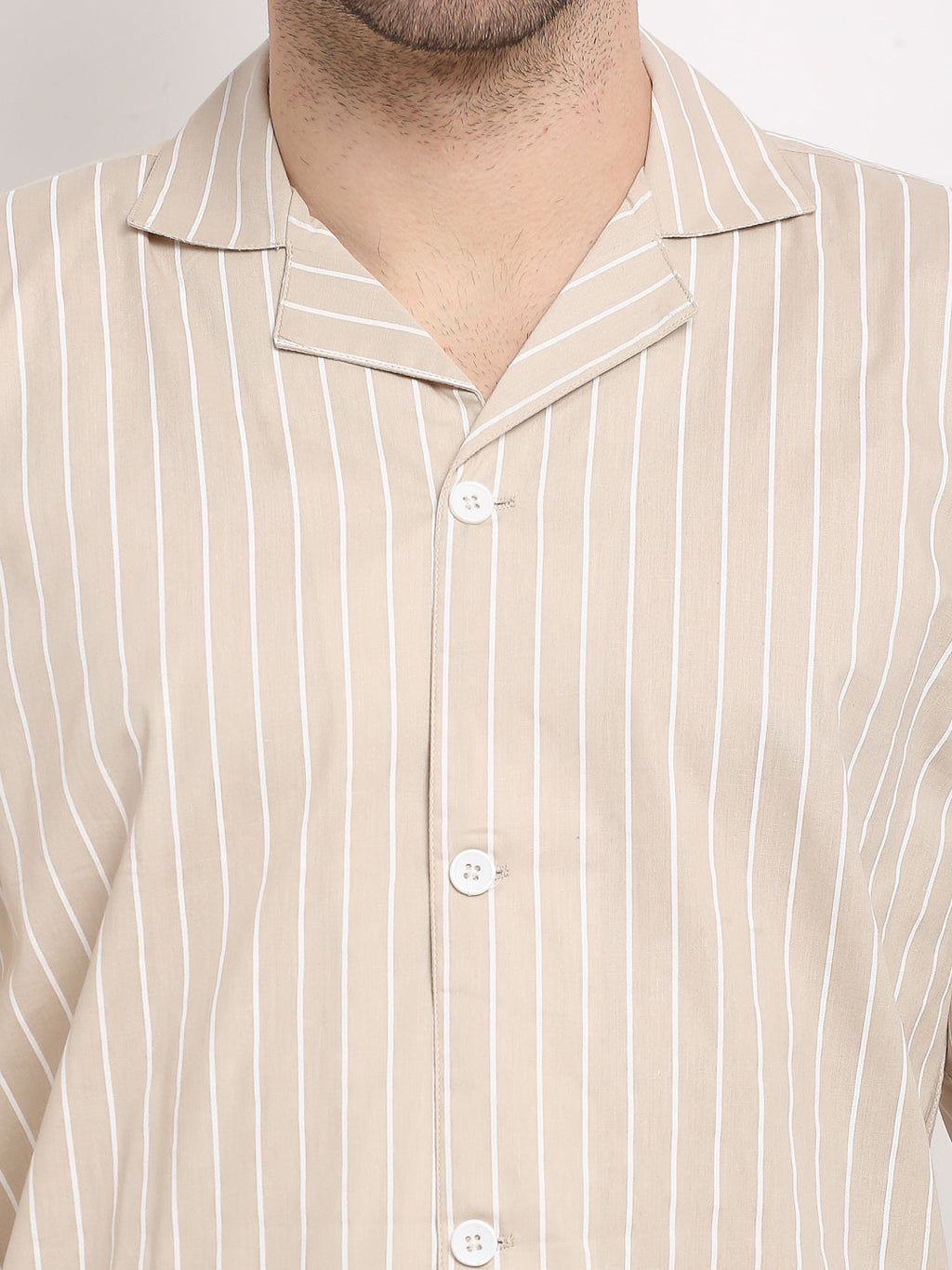 Jainish Men's Cream Cotton Striped Night Suits ( GNS 002Cream ) | Grocsy