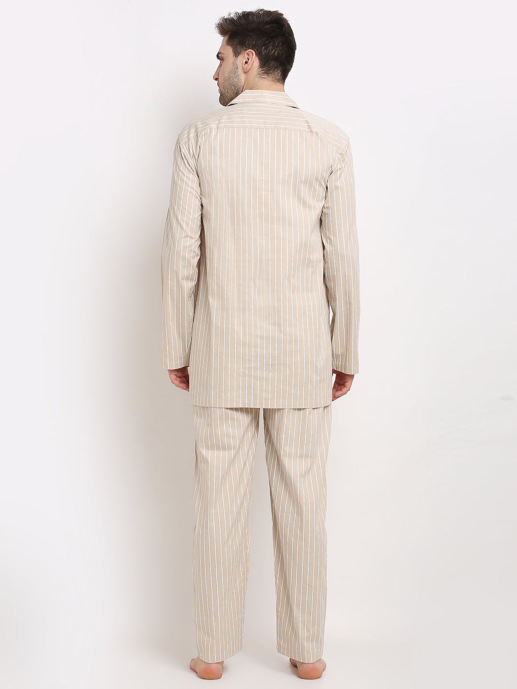 Jainish Men's Cream Cotton Striped Night Suits ( GNS 002Cream ) | Grocsy