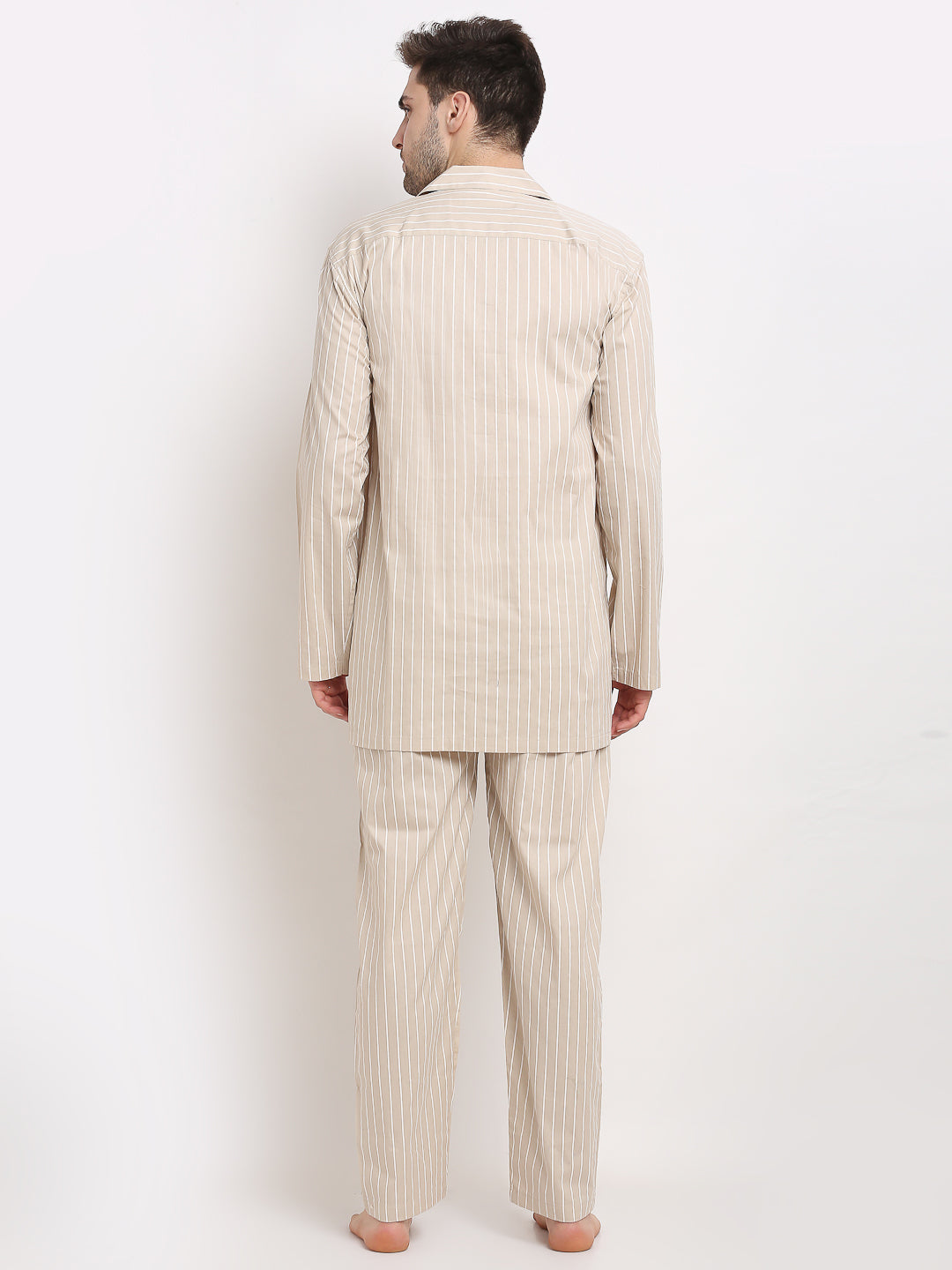 Jainish Men's Cream Cotton Striped Night Suits ( GNS 002Cream ) | Grocsy