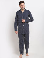 Jainish Men's Navy Cotton Striped Night Suits ( GNS 002Navy ) | Grocsy