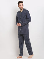 Jainish Men's Navy Cotton Striped Night Suits ( GNS 002Navy ) | Grocsy
