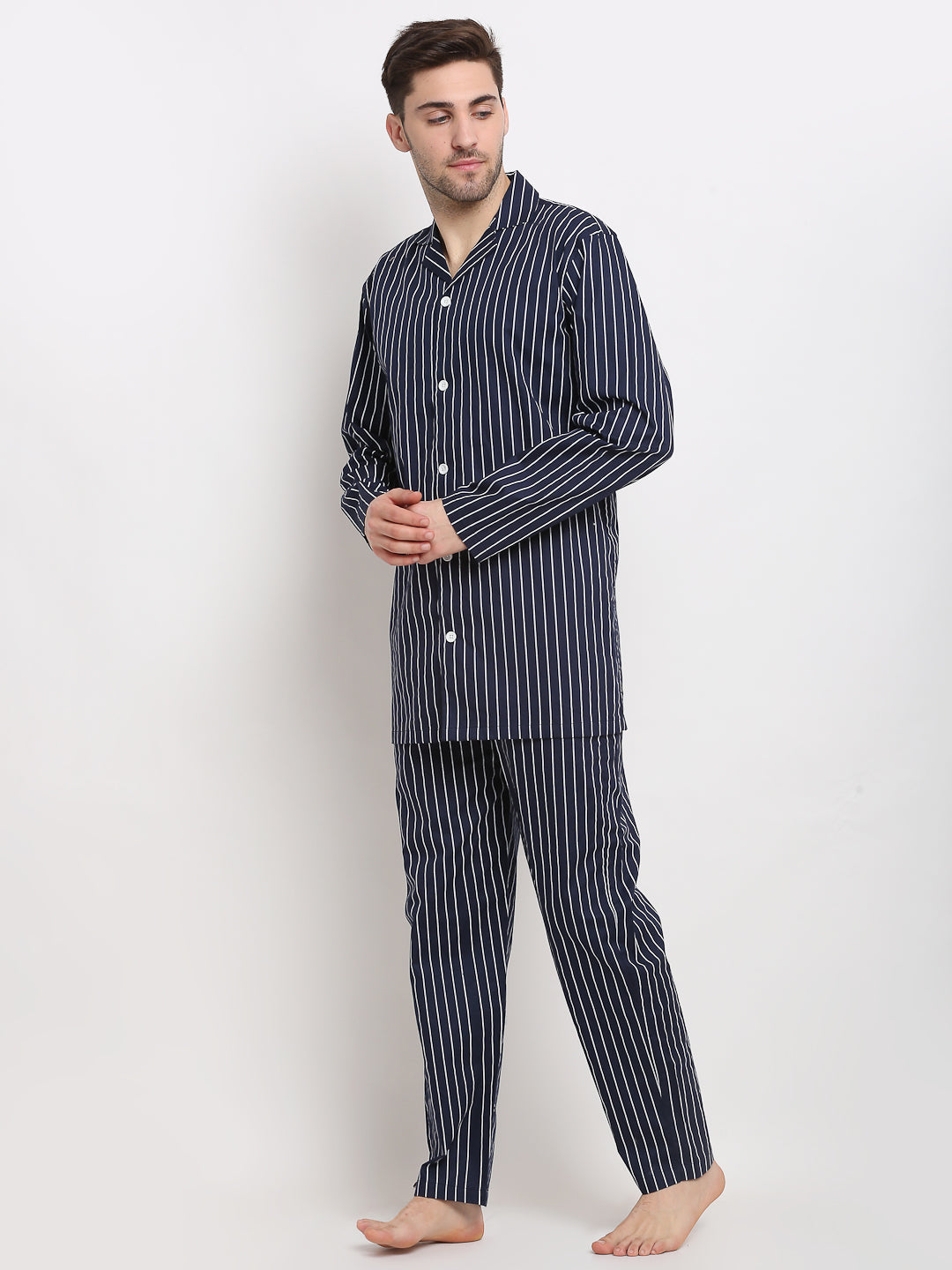 Jainish Men's Navy Cotton Striped Night Suits ( GNS 002Navy ) | Grocsy