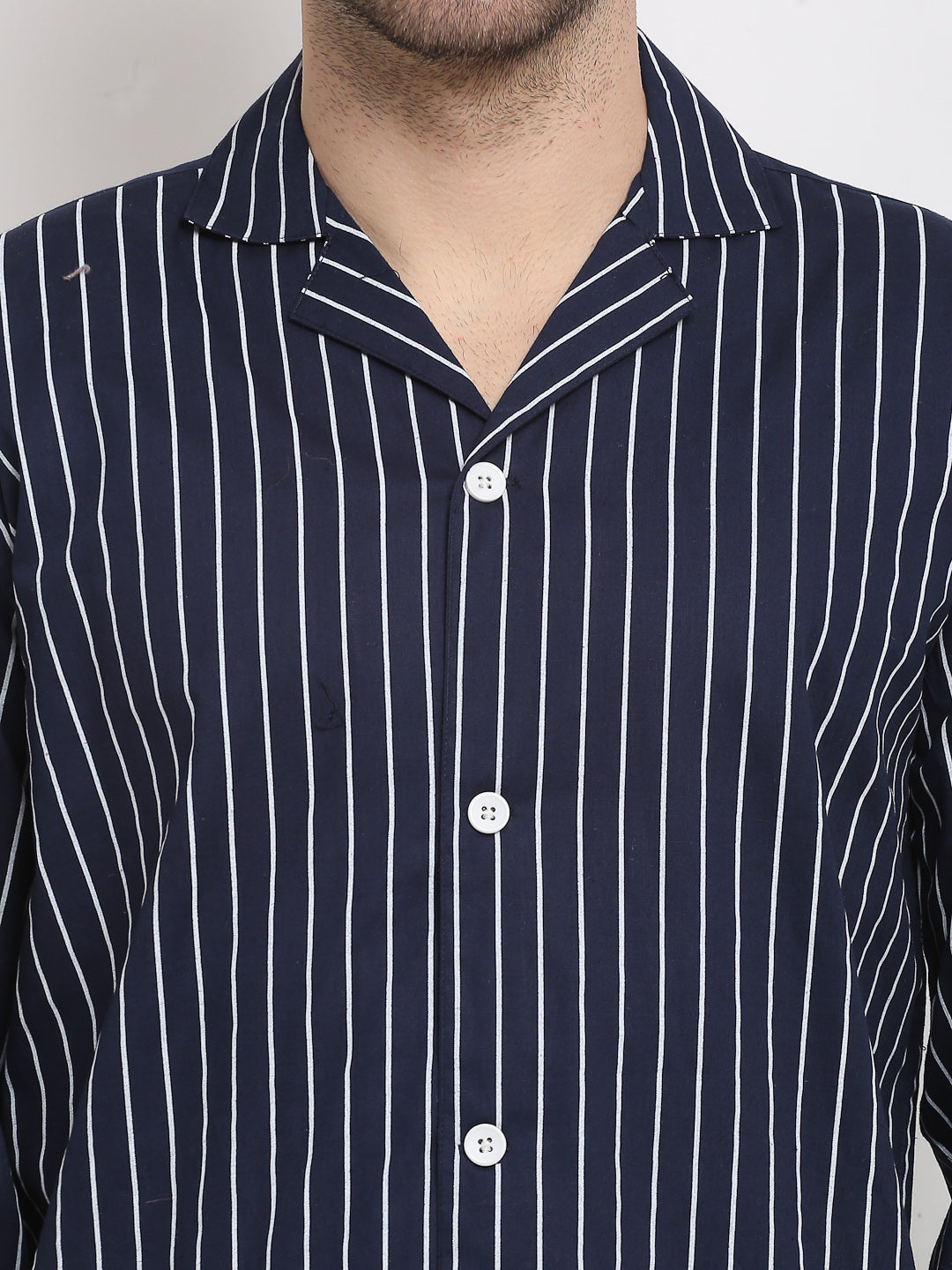 Jainish Men's Navy Cotton Striped Night Suits ( GNS 002Navy ) | Grocsy