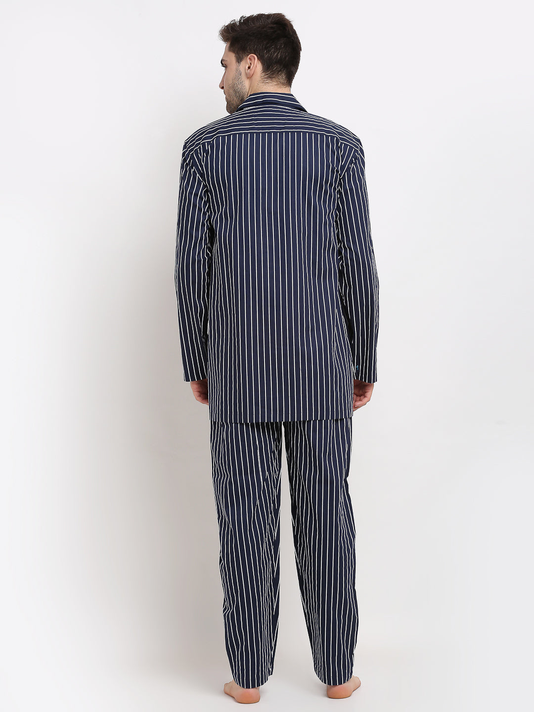 Jainish Men's Navy Cotton Striped Night Suits ( GNS 002Navy ) | Grocsy