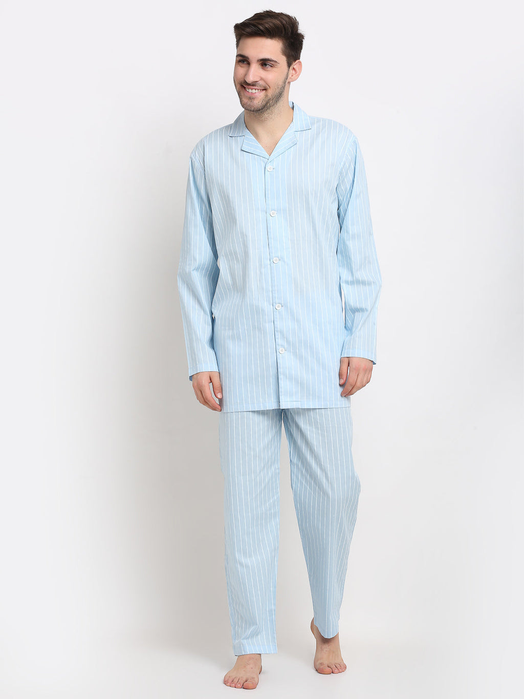 Jainish Men's Sky Cotton Striped Night Suits ( GNS 002Sky ) | Grocsy