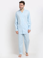 Jainish Men's Sky Cotton Striped Night Suits ( GNS 002Sky ) | Grocsy