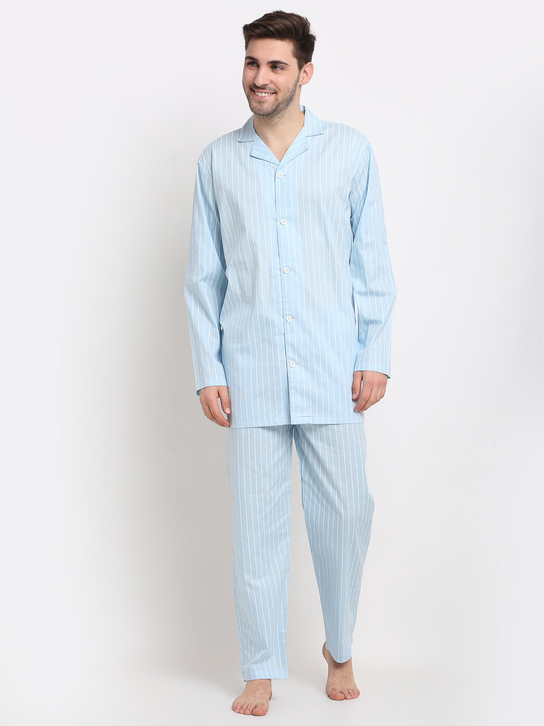 Jainish Men's Sky Cotton Striped Night Suits ( GNS 002Sky ) | Grocsy
