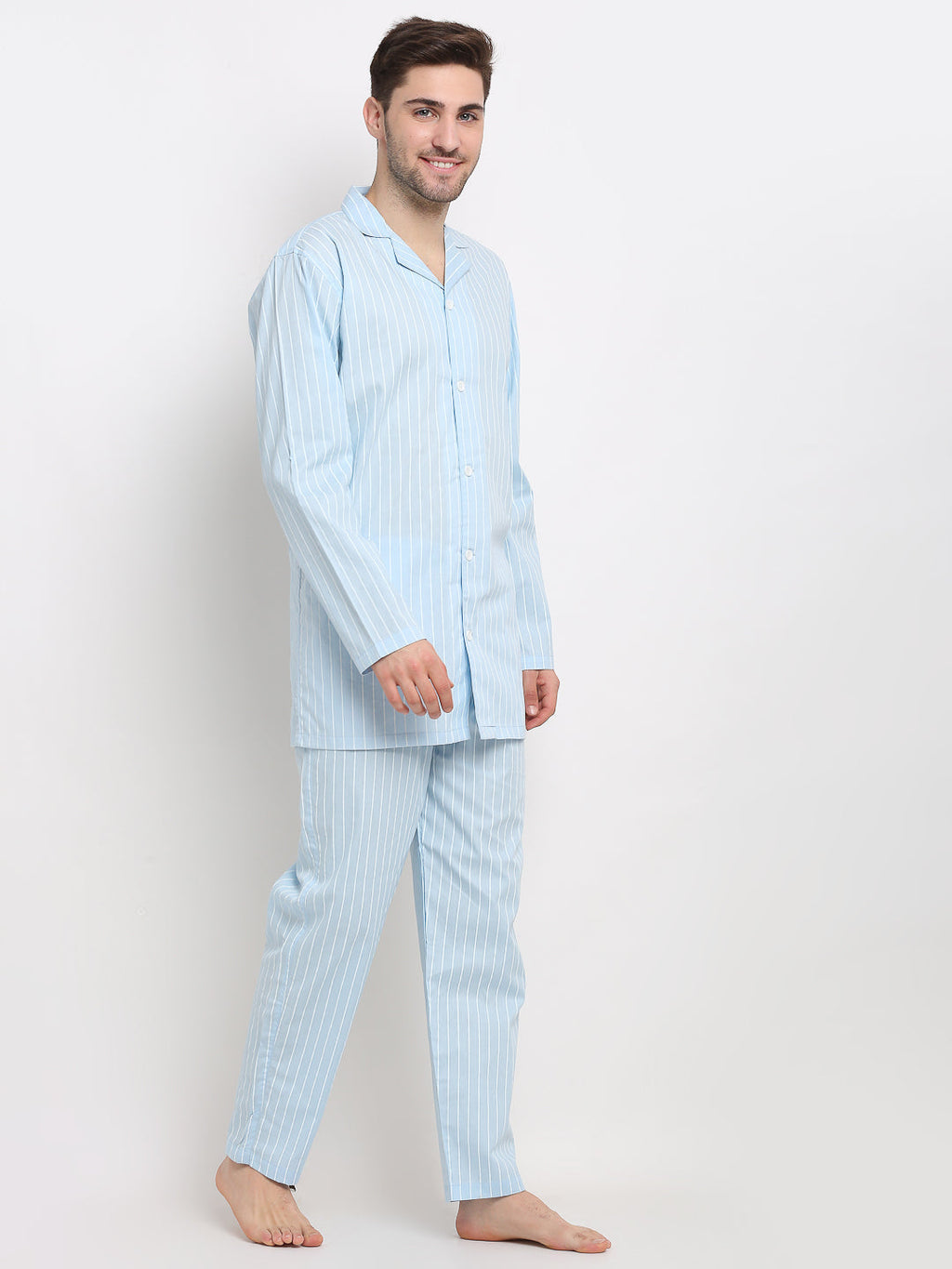 Jainish Men's Sky Cotton Striped Night Suits ( GNS 002Sky ) | Grocsy