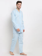 Jainish Men's Sky Cotton Striped Night Suits ( GNS 002Sky ) | Grocsy