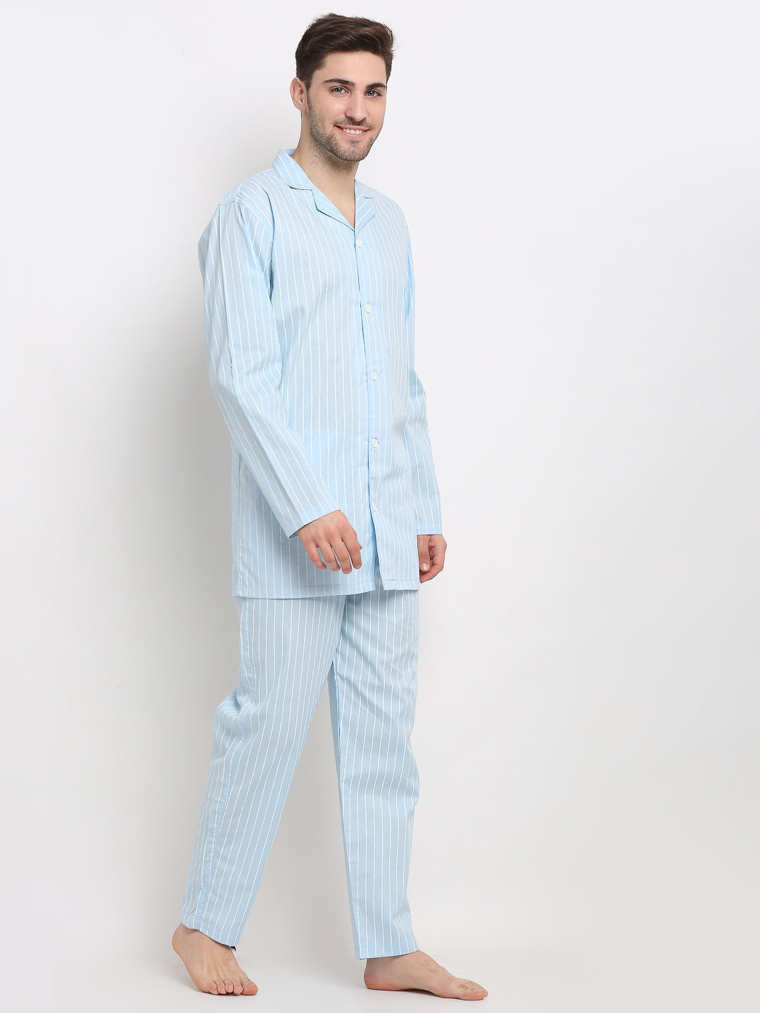 Jainish Men's Sky Cotton Striped Night Suits ( GNS 002Sky ) | Grocsy