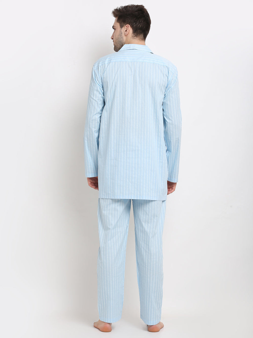 Jainish Men's Sky Cotton Striped Night Suits ( GNS 002Sky ) | Grocsy