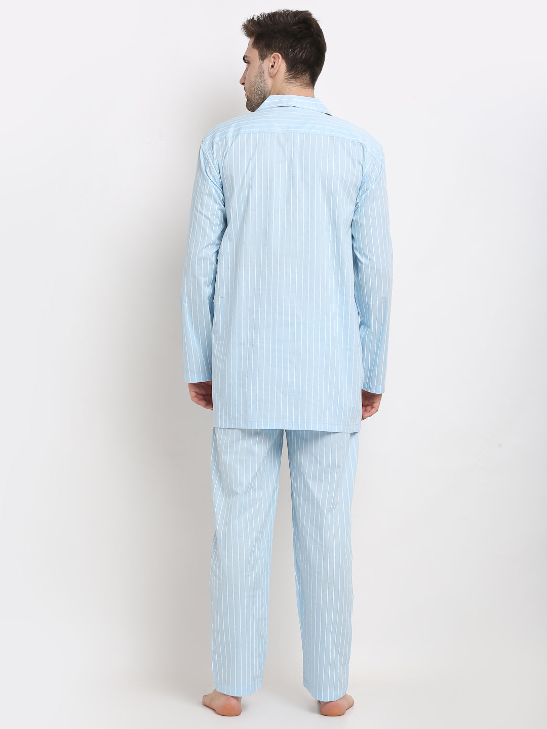 Jainish Men's Sky Cotton Striped Night Suits ( GNS 002Sky ) | Grocsy