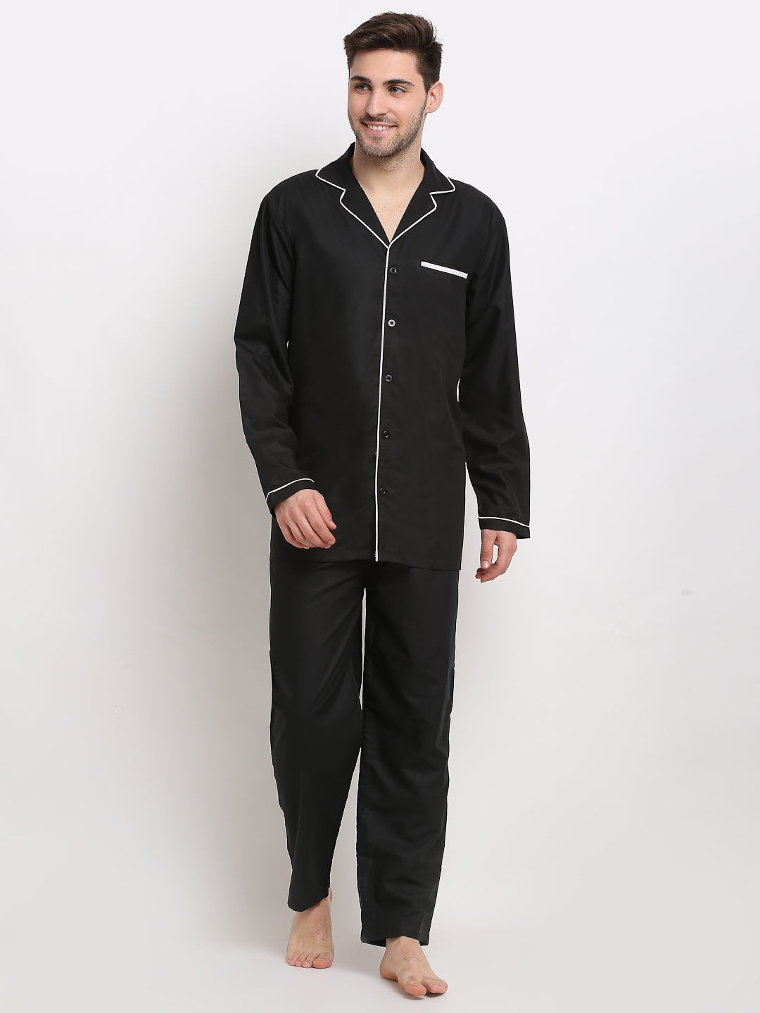 Jainish Men's Black Cotton Solid Night Suits ( GNS 003Black ) | Grocsy
