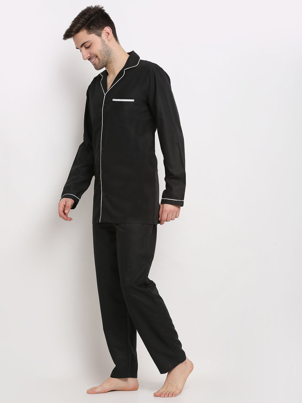 Jainish Men's Black Cotton Solid Night Suits ( GNS 003Black ) | Grocsy