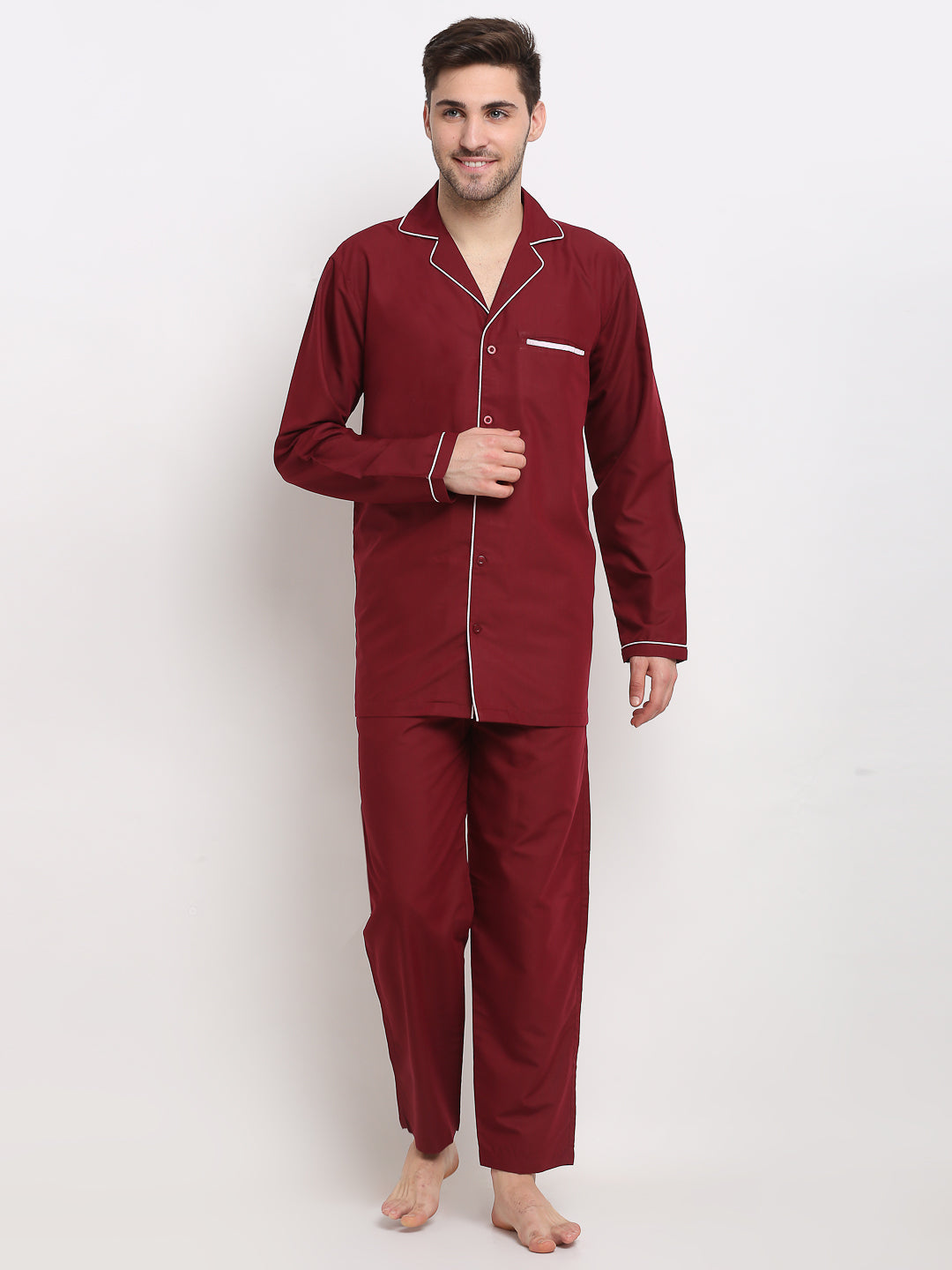 Jainish Men's Maroon Cotton Solid Night Suits ( GNS 003Maroon ) | Grocsy