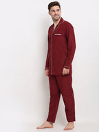 Jainish Men's Maroon Cotton Solid Night Suits ( GNS 003Maroon ) | Grocsy