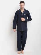 Jainish Men's Navy Cotton Solid Night Suits ( GNS 003Navy ) | Grocsy