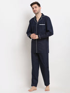 Jainish Men's Navy Cotton Solid Night Suits ( GNS 003Navy ) | Grocsy