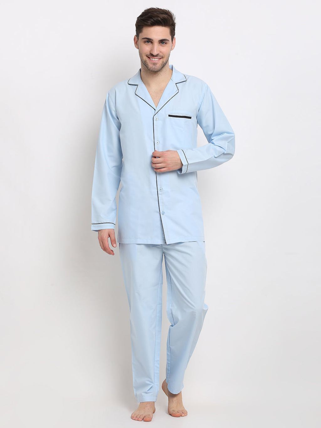 Jainish Men's Sky Cotton Solid Night Suits ( GNS 003Sky ) | Grocsy