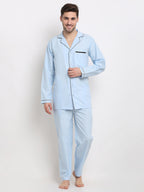 Jainish Men's Sky Cotton Solid Night Suits ( GNS 003Sky ) | Grocsy