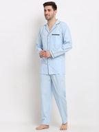 Jainish Men's Sky Cotton Solid Night Suits ( GNS 003Sky ) | Grocsy
