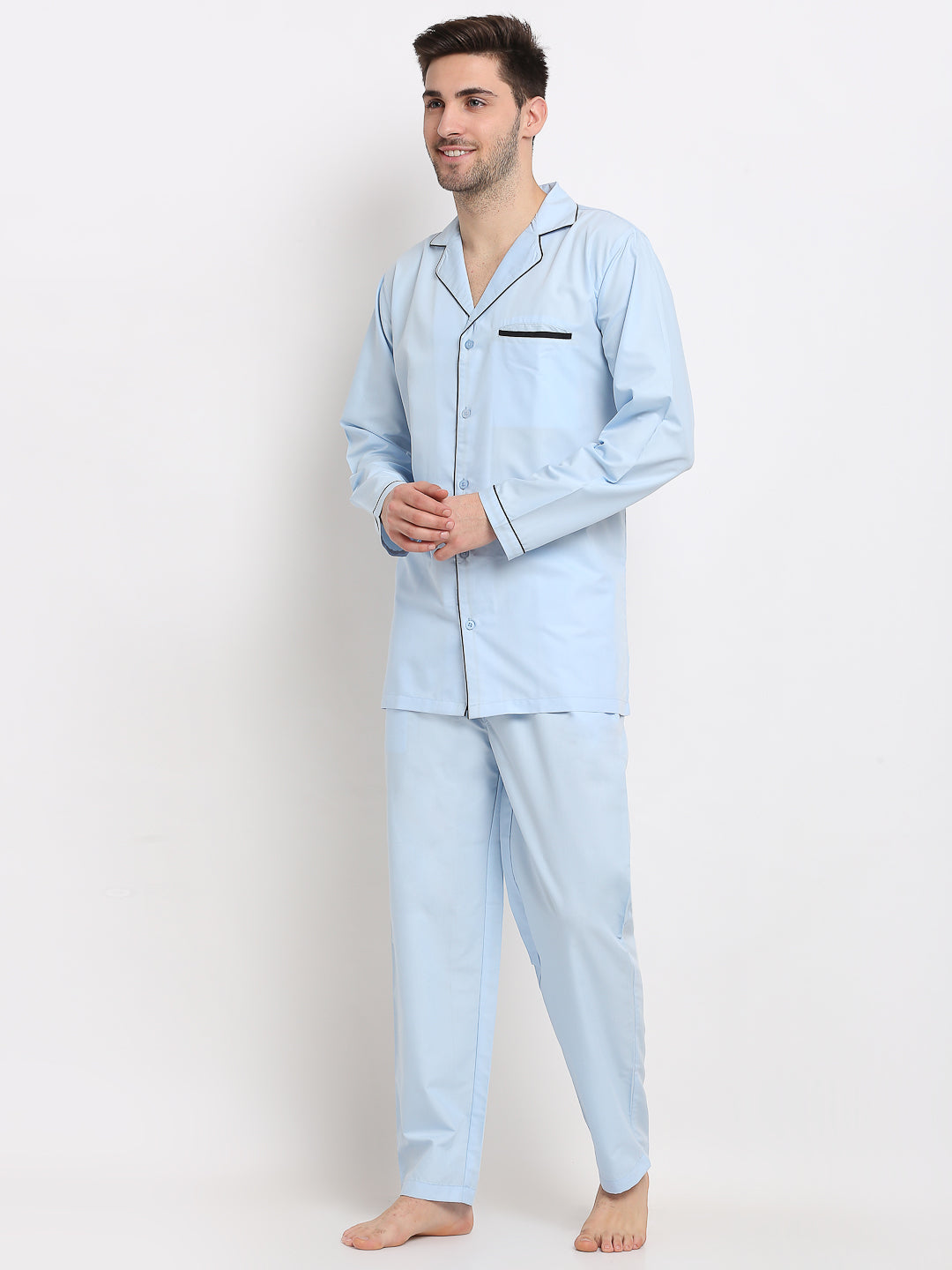 Jainish Men's Sky Cotton Solid Night Suits ( GNS 003Sky ) | Grocsy