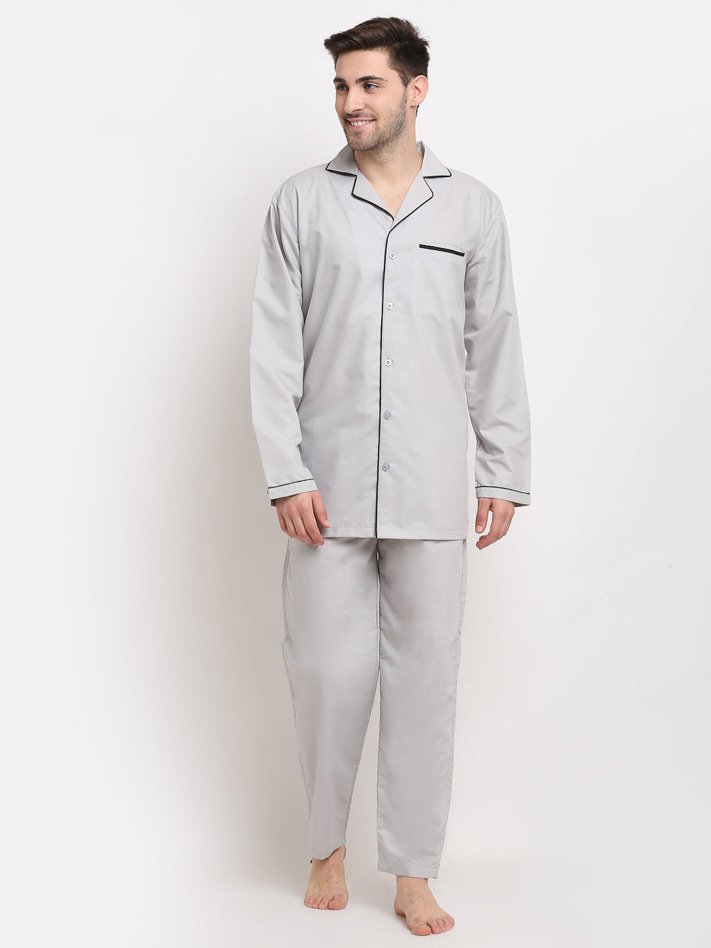Jainish Men's Steel-Grey Cotton Solid Night Suits ( GNS 003Steel-Grey ) | Grocsy