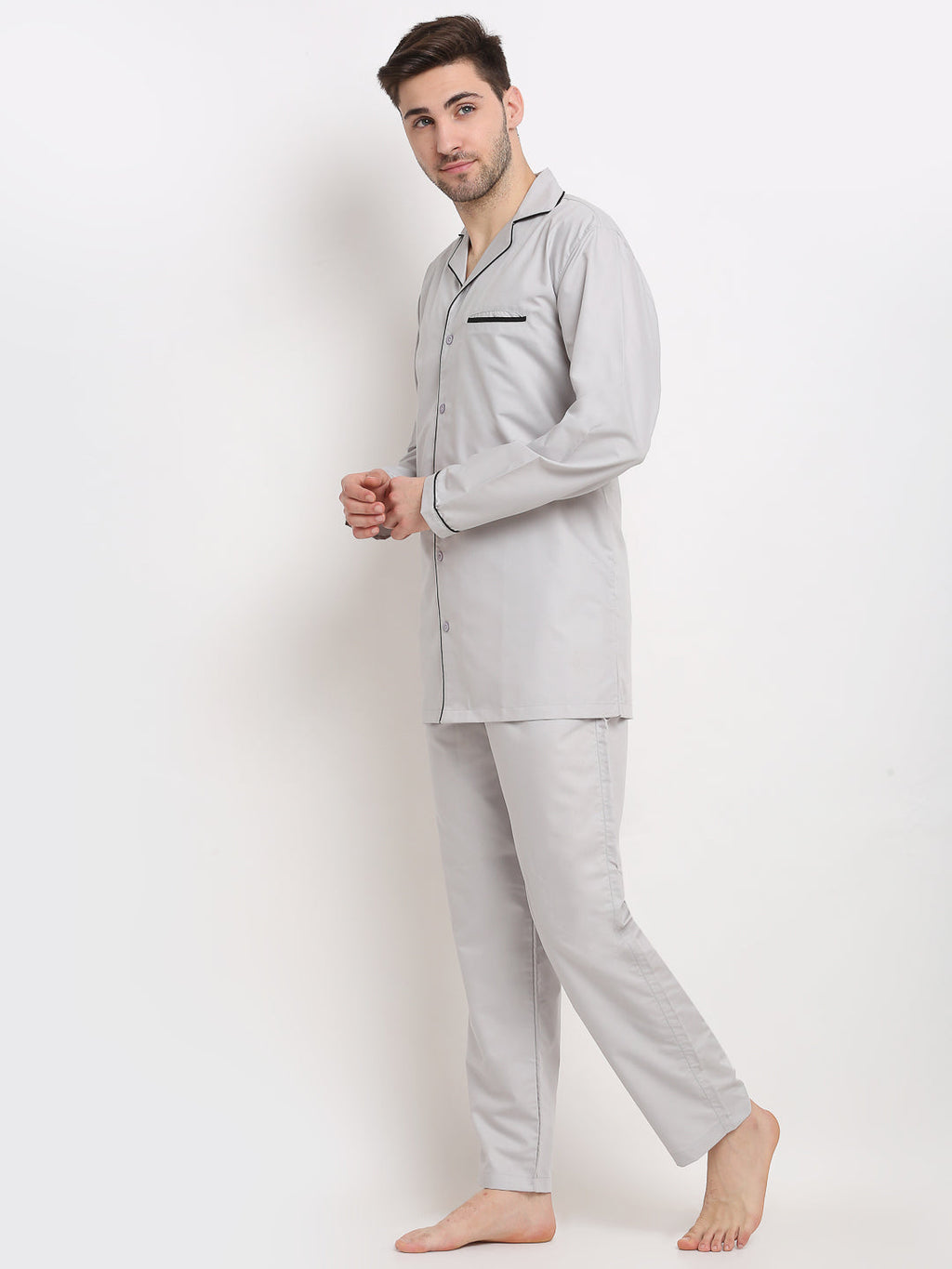 Jainish Men's Steel-Grey Cotton Solid Night Suits ( GNS 003Steel-Grey ) | Grocsy