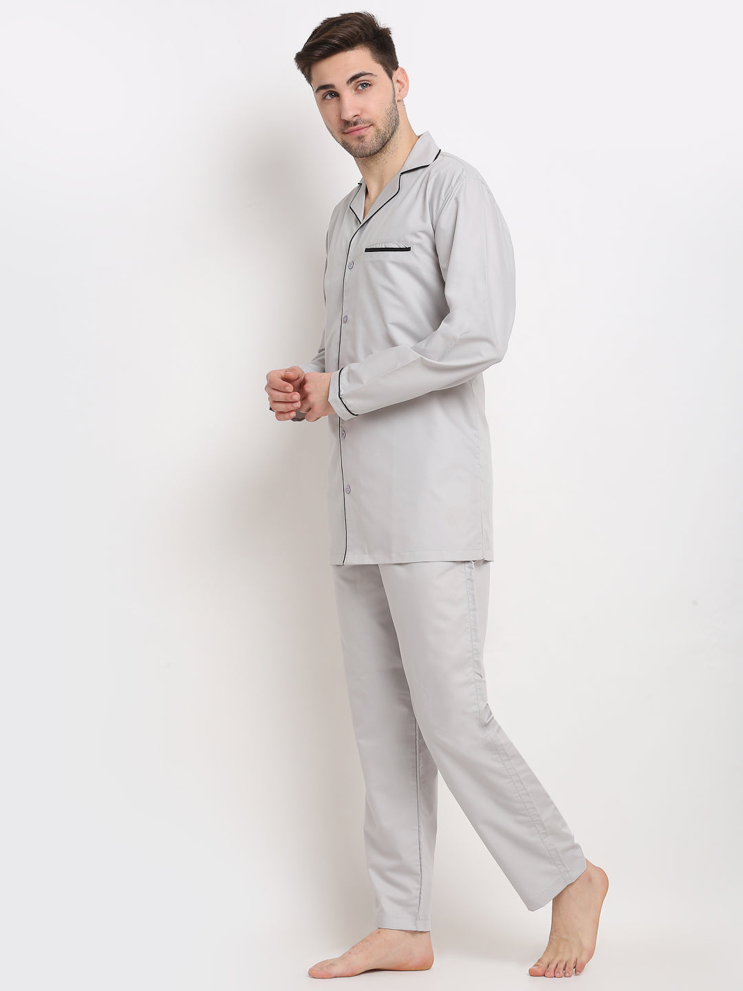 Jainish Men's Steel-Grey Cotton Solid Night Suits ( GNS 003Steel-Grey ) | Grocsy