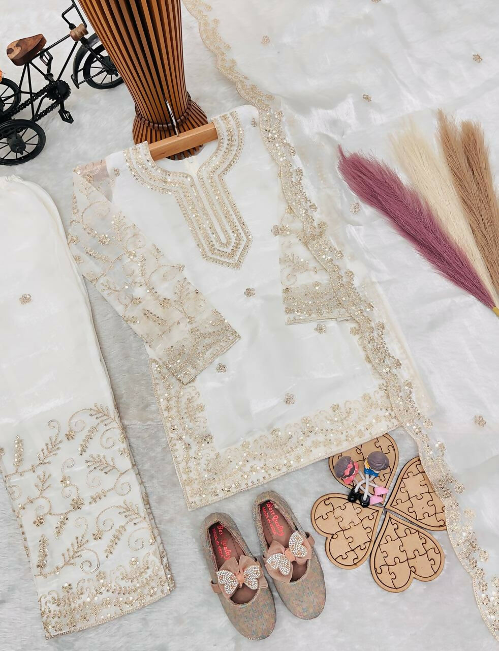 Teeya Creation New Kids Wedding Wear Heavy Embroidery Sequence Work Kurta Sharara Set-White | Grocsy