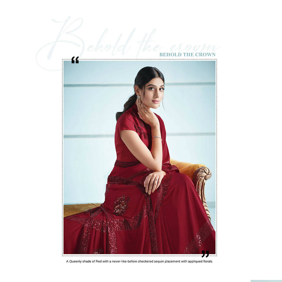 Red Lycra Sequence Embroidery Saree with Unstitched Blouse Piece - Norita Elaura | Grocsy