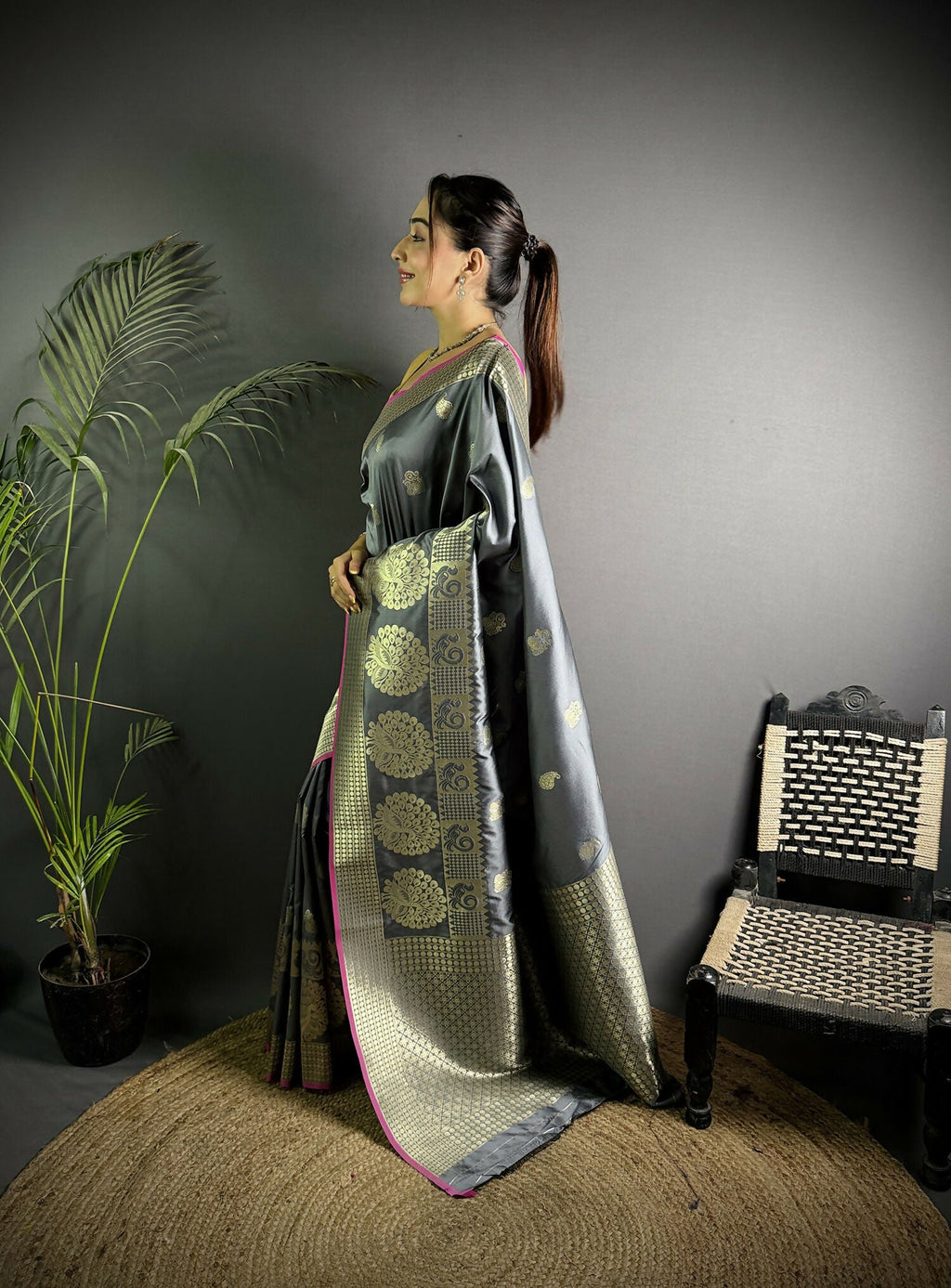 Joban Fashion Dark Grey Banarasi Soft Lichi Silk Paisley Saree | Grocsy