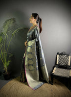 Joban Fashion Dark Grey Banarasi Soft Lichi Silk Paisley Saree | Grocsy