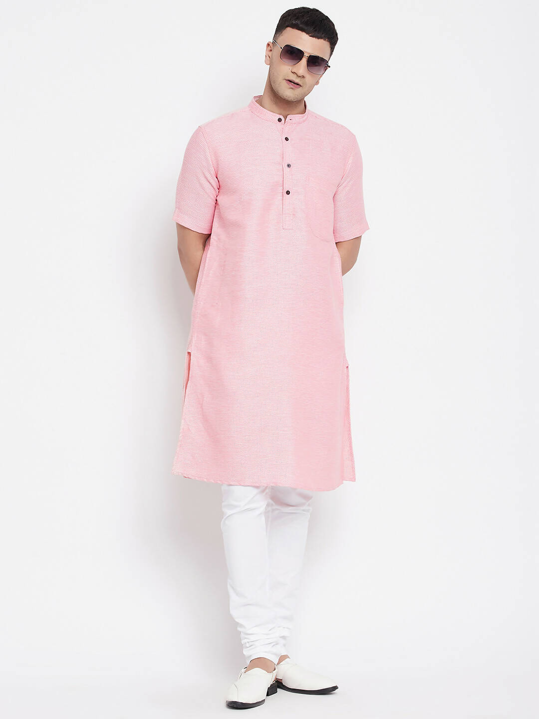 Even Apparels Pink Pure Cotton Men's H/S Kurta With Band Collar | Grocsy