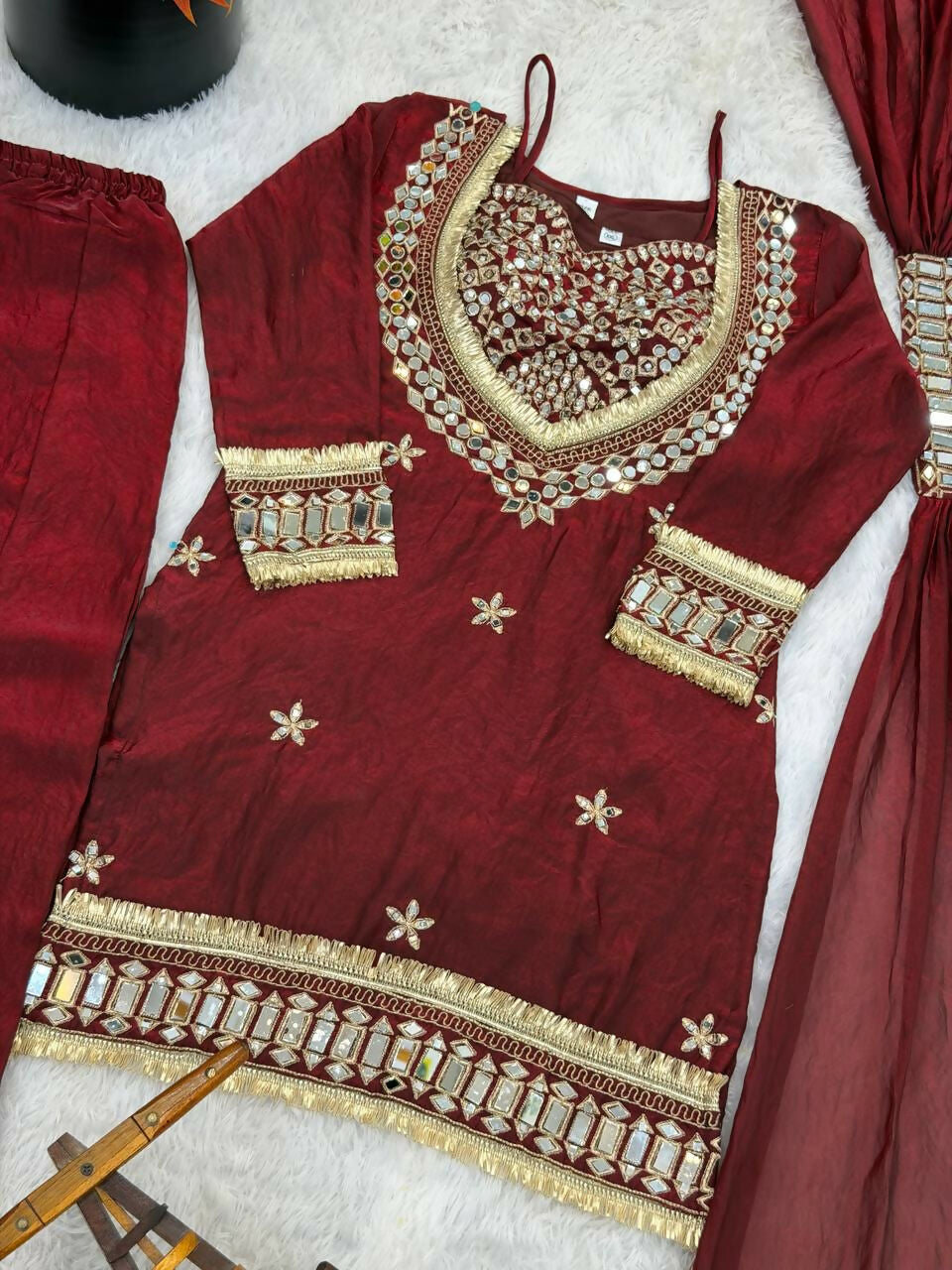 Teeya Creation New Trendy Stylish Real Mirror Work With Lace Border Maroon Kurta Set | Grocsy