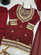 Teeya Creation New Trendy Stylish Real Mirror Work With Lace Border Maroon Kurta Set | Grocsy