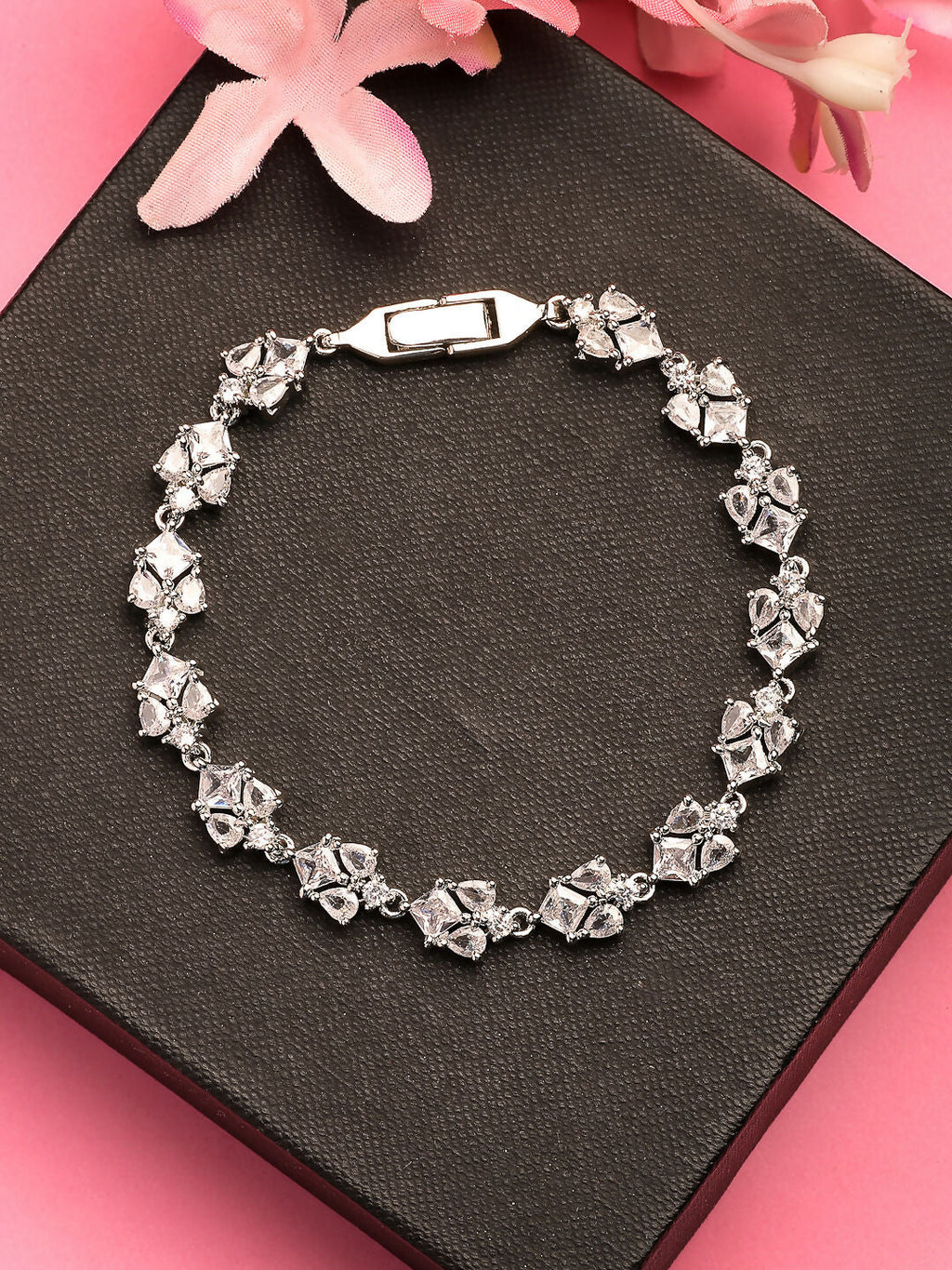 NVR Women's Silver-Toned Cubic Zirconia Link Bracelet | Grocsy