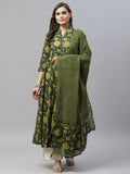 Miravan Women's Pure Cotton Printed Anarkali Kurta With Gold Print Dupattas | Grocsy